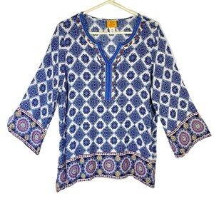 Ruby Rd. women's plus size 1X Riviera boho medallion blue white pullover top